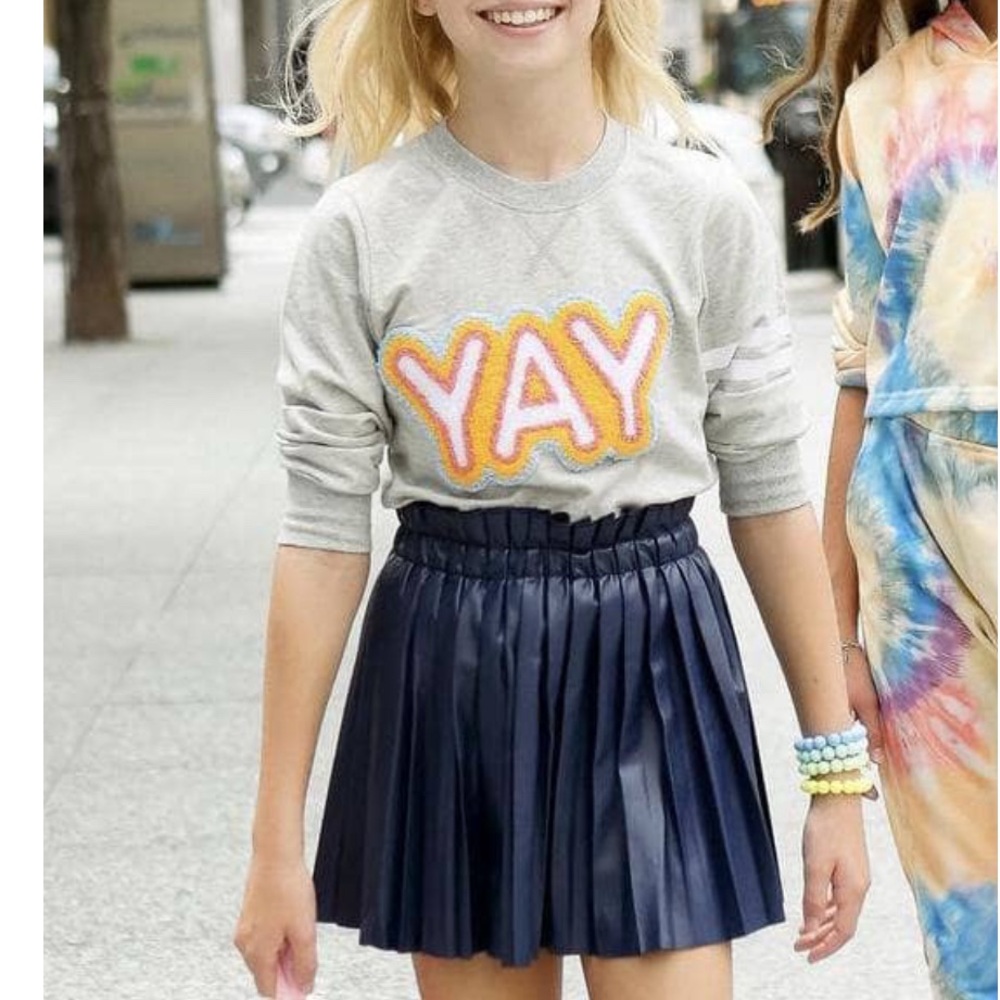 Lola and the Boys “YAY” Chenille Patch Gray Stripe Sweatshirt Kids M